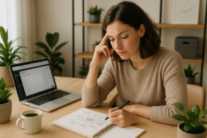 Femme réfléchissant à des idées d'entrepreneuriat