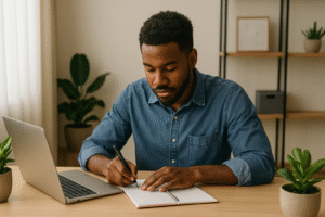 Homme réfléchissant à un projet d'entrepreneuriat